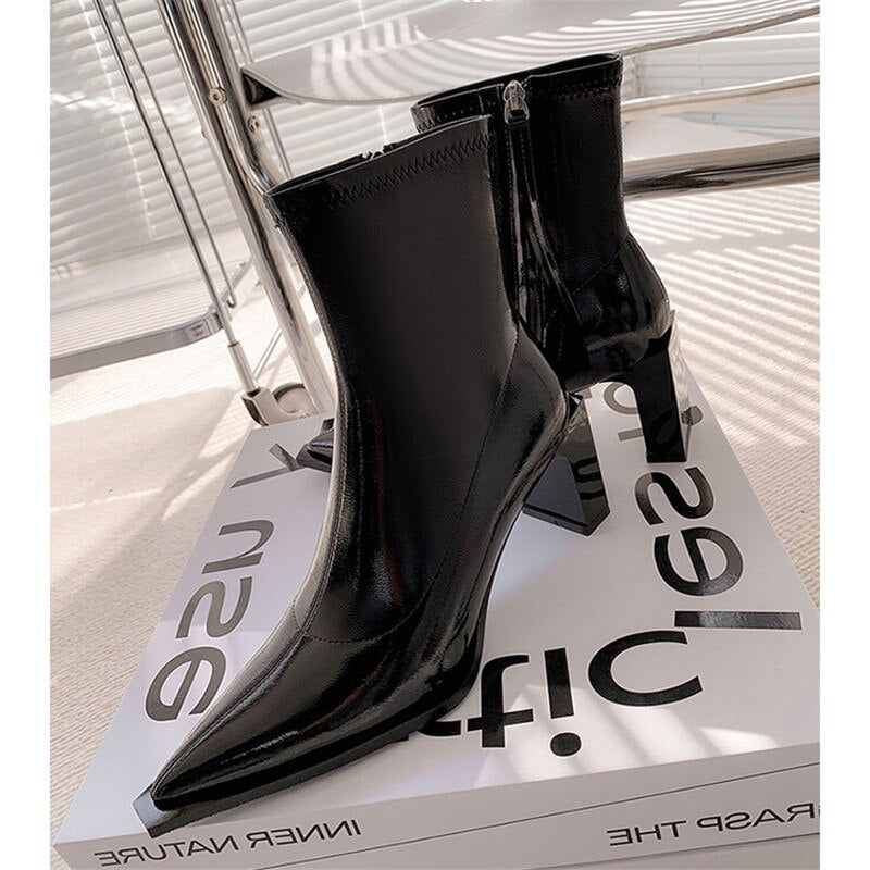 Women Pointed Toe Solid Color Black Thick High-Heeled Shoes