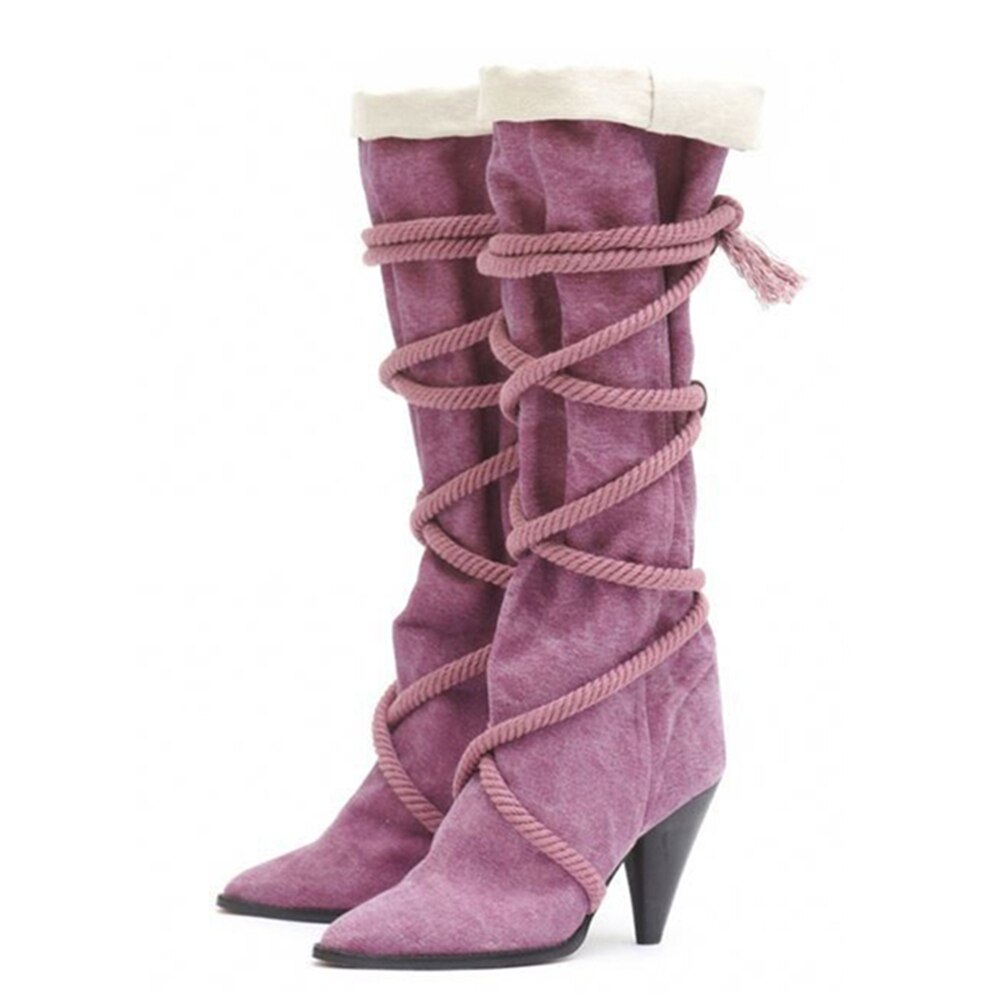 Women Retro Suede Pleated Ankle Boots Cross Tied Belt