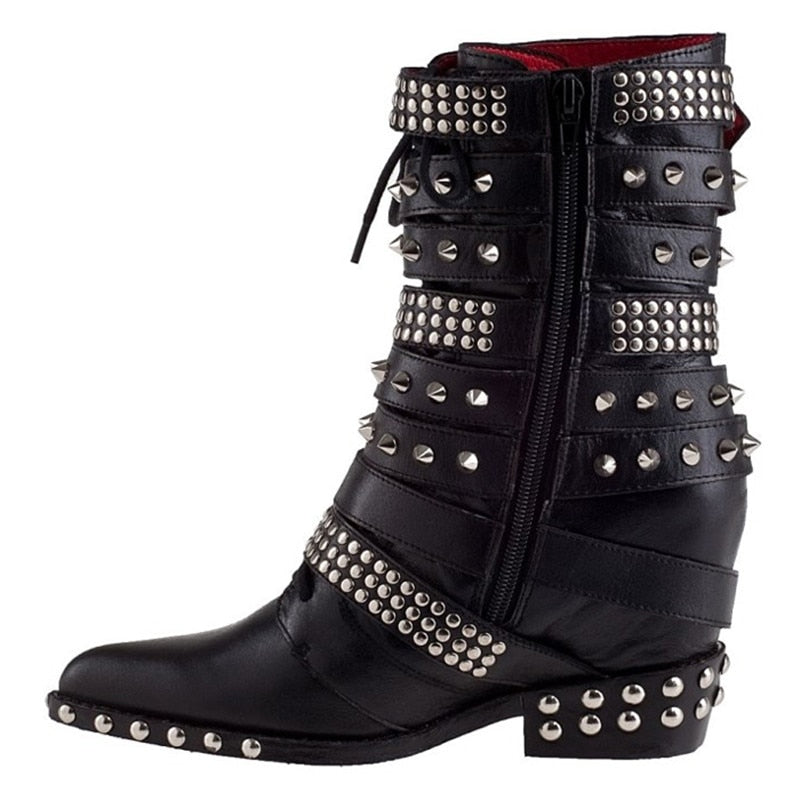 Women Punk Ankle Boots Pointed Toe Buckle Strap Low Heels Shoes