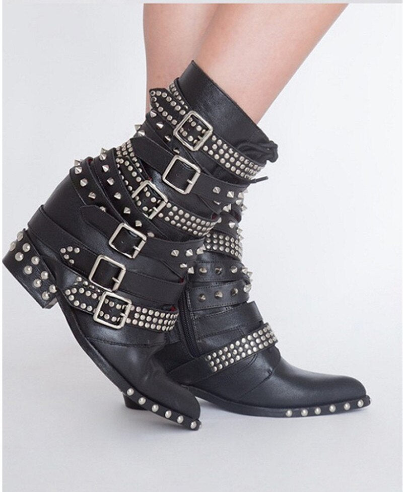 Women Punk Ankle Boots Pointed Toe Buckle Strap Low Heels Shoes