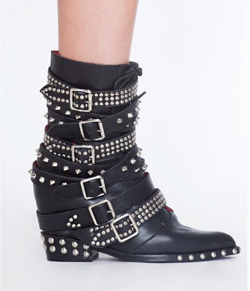 Women Punk Ankle Boots Pointed Toe Buckle Strap Low Heels Shoes