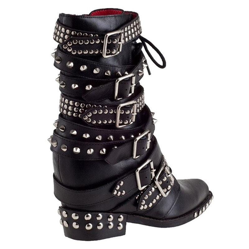 Women Punk Ankle Boots Pointed Toe Buckle Strap Low Heels Shoes