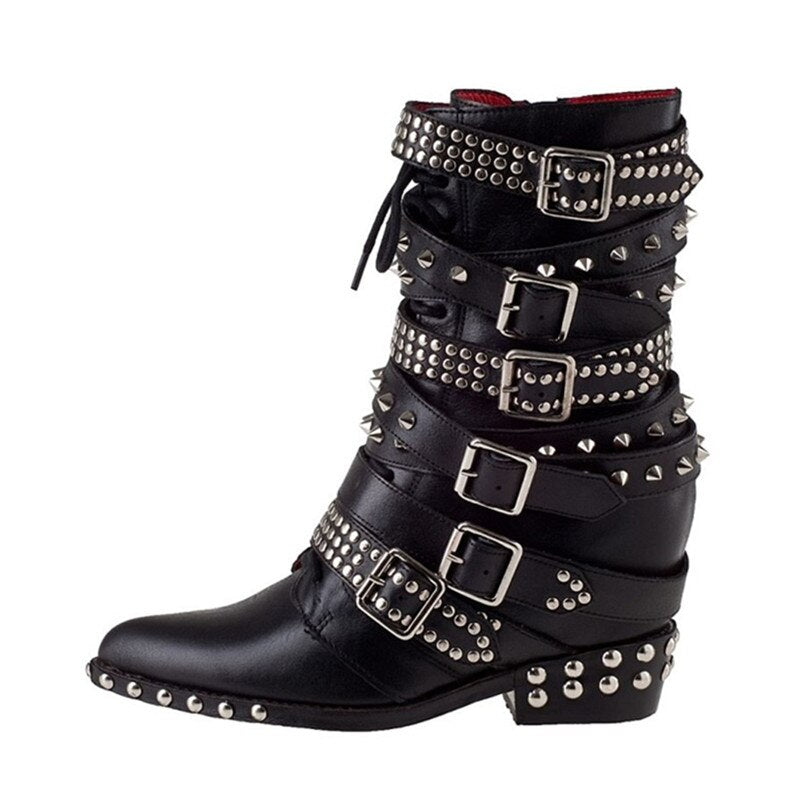 Women Punk Ankle Boots Pointed Toe Buckle Strap Low Heels Shoes