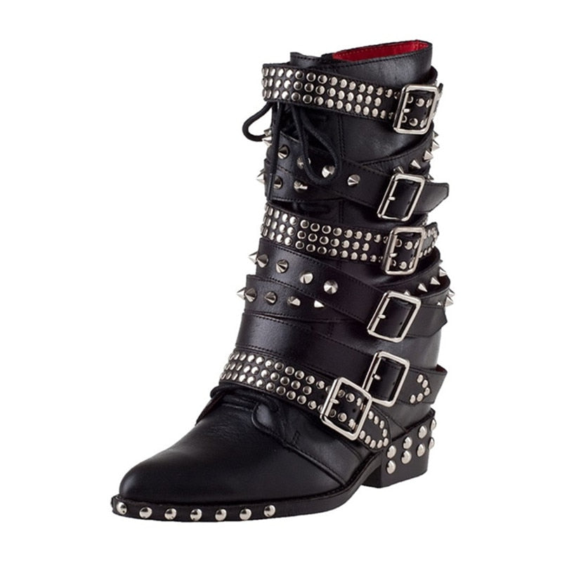 Women Punk Ankle Boots Pointed Toe Buckle Strap Low Heels Shoes