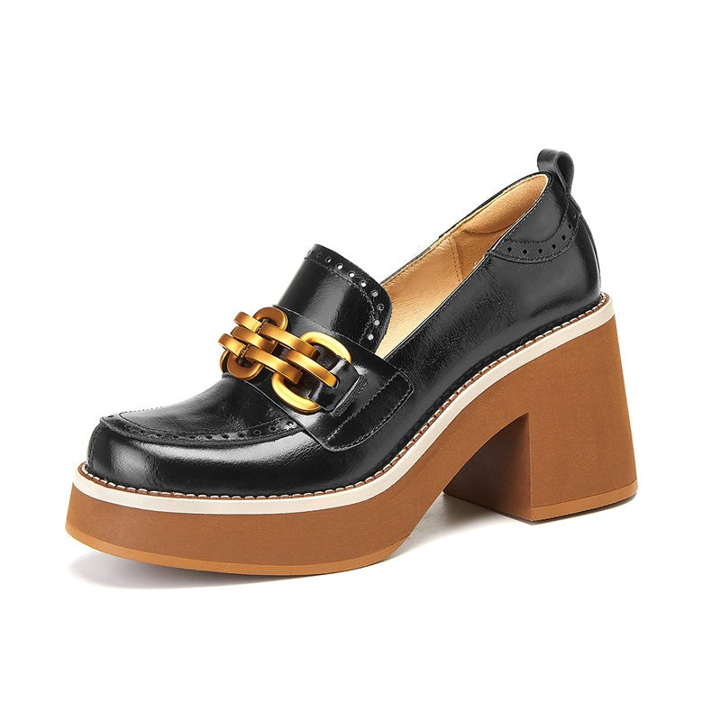 Metal Chain Square Toe British Style Female Shoes