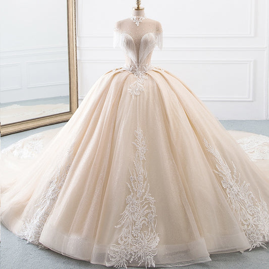 New Arrival High Neck Ball Gown Wedding Dresses Princess Tulle Hochzeitskleid Tassel Sleeves Abiti da Sposa Sparkly Robe Mariee - LiveTrendsX