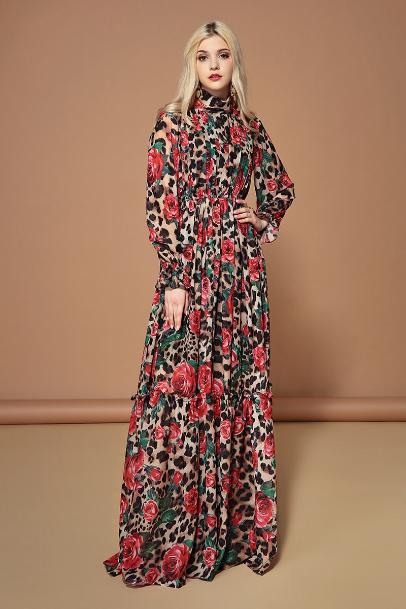 Fashion Runway Long Sleeve Maxi Dresses Women's Elegant Party Rose Floral Leopard Print Long Dress Holiday Dress - LiveTrendsX