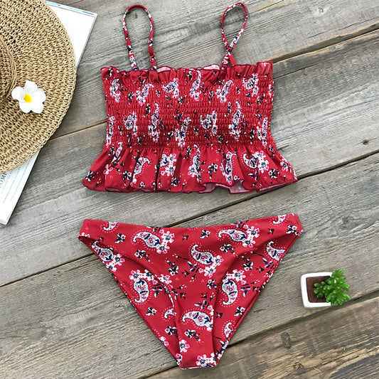 Smocked Green Leaf Print High-Waisted Bikini Sets Women Ruffle Two Pieces Swimsuits 2020 Girl Boho Bathing Suits - LiveTrendsX