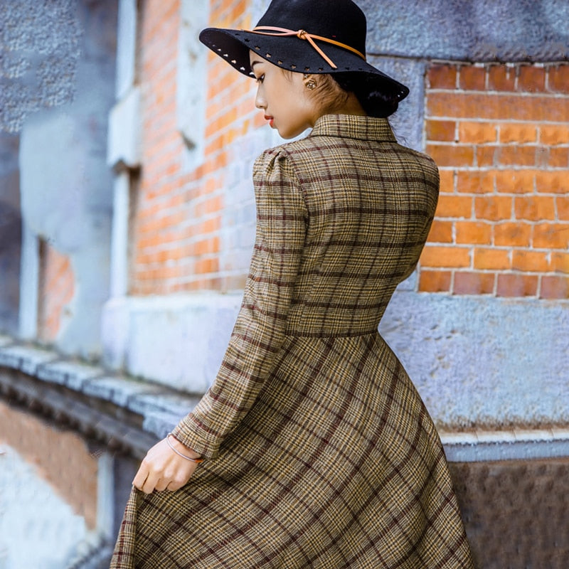 Vintage Plaid Wool Dress Women Winter Thicken Warm Elegant Stylish Ladies Skinny Retro Long Party Shirt Dresses Sale - LiveTrendsX