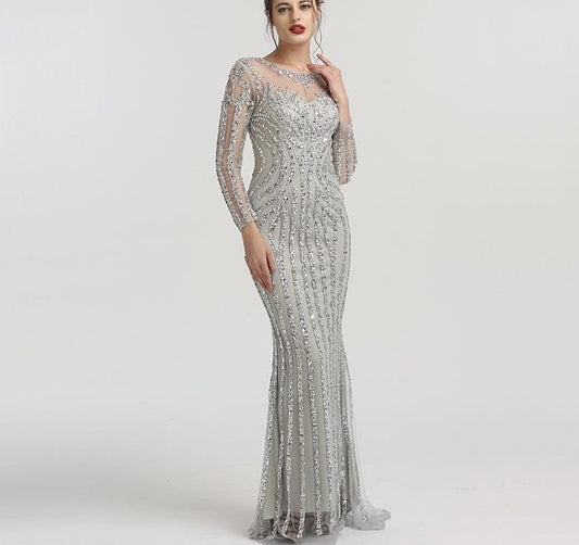 Grey Luxury Long Sleeves Sparkly Evening Dresses Mermaid Sexy Diamond Beading Formal Dress 2020 - LiveTrendsX