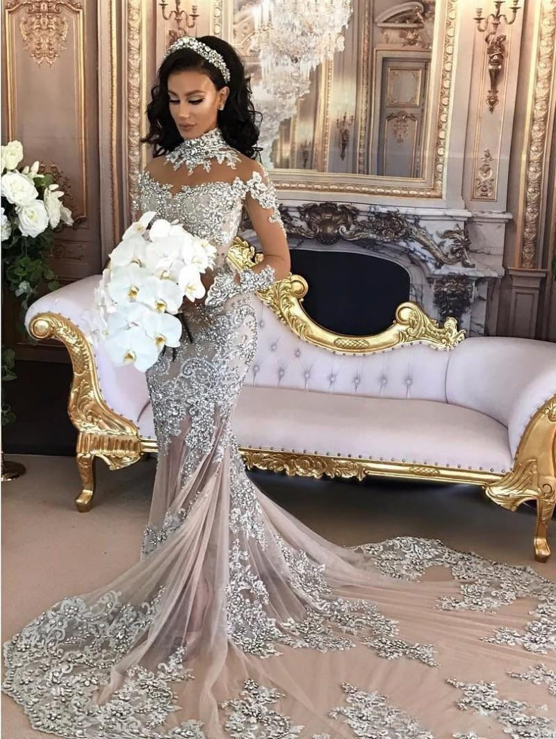 Long Sleeves Luxury Beading Formal Evening Dresses Mermaid Party Dubai Women Lace Crystals Prom Evening Gowns - LiveTrendsX