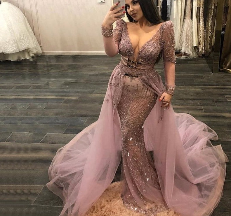 Blue Dubai Sequined Sparkle Evening Dresses 2020 Long Sleeve Beading Mermaid Evening Gowns - LiveTrendsX