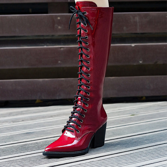 top quality patent leather knee high boots women pointed toe lace up autumn winter boots fashion punk shoes woman - LiveTrendsX