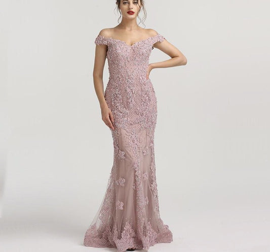 Pink Mermaid Boat Neck Sexy Evening Dresses 2020 Lace Pears Diamond Elegant Fashion Formal Evening Dress - LiveTrendsX