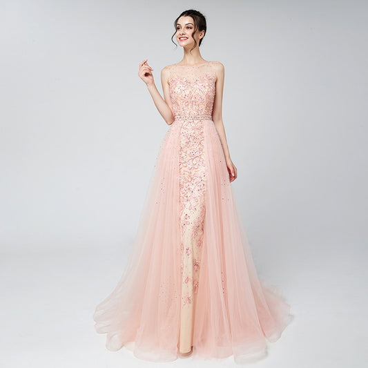 Elegant Evening Dresses Long Blush Dubai Arabic Tulle Beading Applique Formal Sleeveless Party Gowns - LiveTrendsX