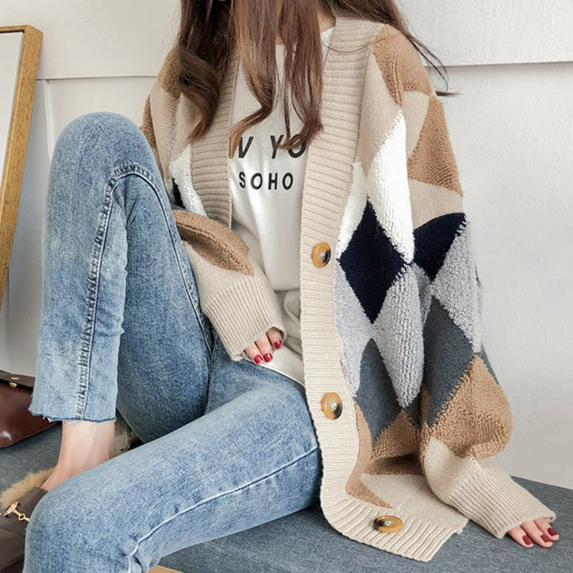 Women's Sweaters Autumn Winter 2019 fashionable Casual Plaid V-Neck Cardigans Single Breasted Puff Sleeve Loose SW658 - LiveTrendsX