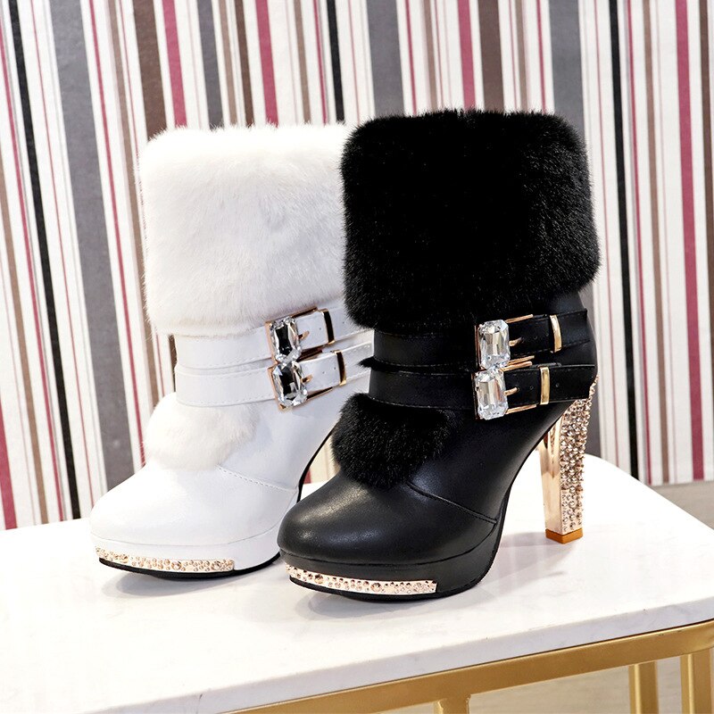 Women High end Boots Super High Fashion Warm Double Buckle Faux Fur Crystal Casual Shoes Thin Heels Ladies Boots - LiveTrendsX