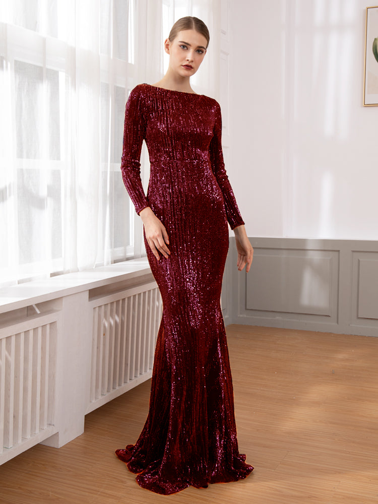 Elegant O Neck Long Sleeve Sequin Maxi Dress Floor Length Stretchy Bodycon Party Dress Gold Green Burgundy Black - LiveTrendsX