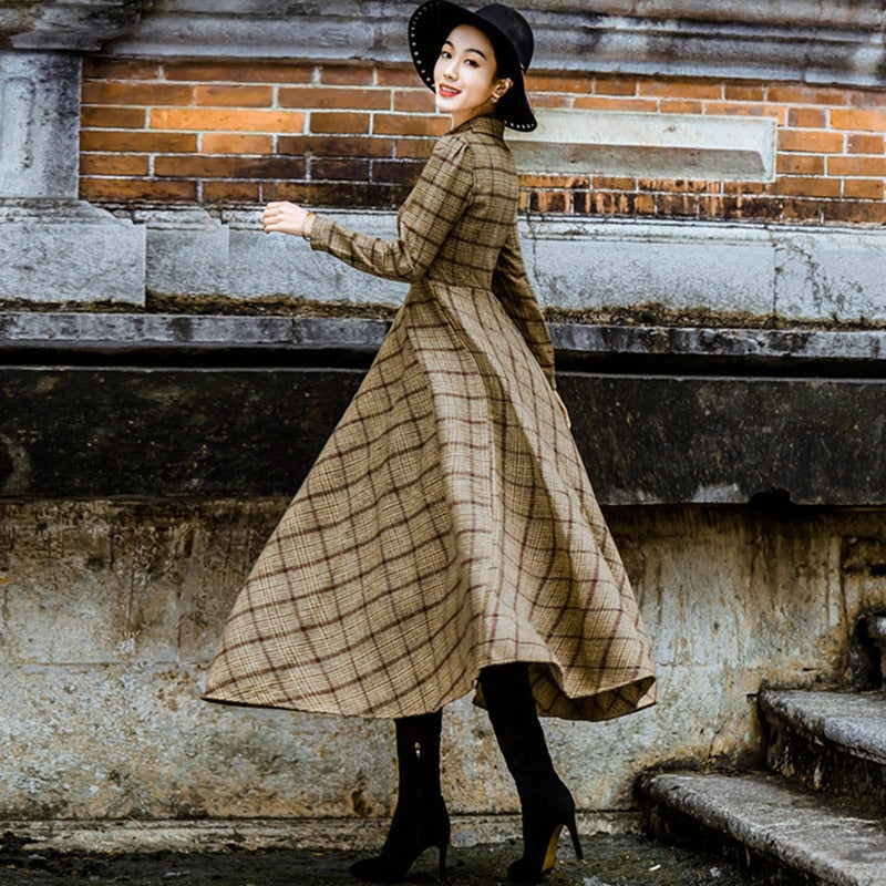 Vintage Plaid Wool Dress Women Winter Thicken Warm Elegant Stylish Ladies Skinny Retro Long Party Shirt Dresses Sale - LiveTrendsX