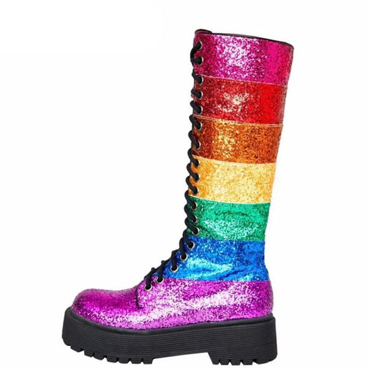 New Rainbow Color Platform Women Shoes Woman Thick Sole Cross-Tied Mid-Calf Boots Autumn Bling Bling Sequin Botas Mujer - LiveTrendsX