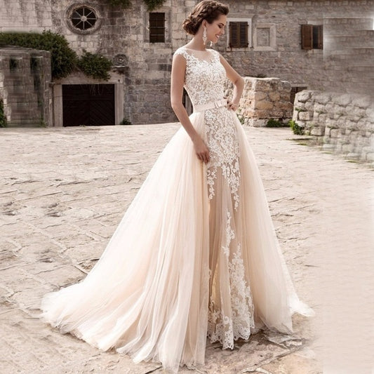 Long Mermaid Lace Wedding Dresses 2019 with Tulle Detachable Train for Bride vestido de noiva Ball Gown - LiveTrendsX