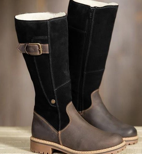 Plus size 34-44 New women boots square heel round toe knee high boots buckle zipper retro thick fur warm snow boots ladies shoes - LiveTrendsX