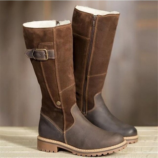 Plus size 34-44 New women boots square heel round toe knee high boots buckle zipper retro thick fur warm snow boots ladies shoes - LiveTrendsX