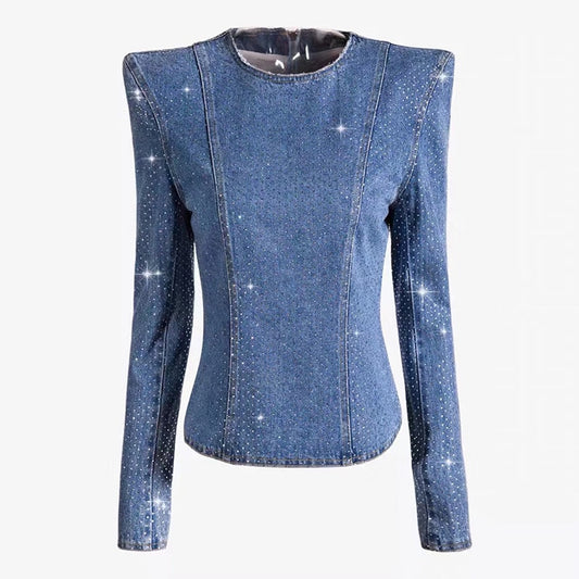 HIGH QUALITY Newest Fashion 2020 Runway Designer Tops Women's Long Sleeve Dimonds Strass Beading Denim Top Shirt - LiveTrendsX