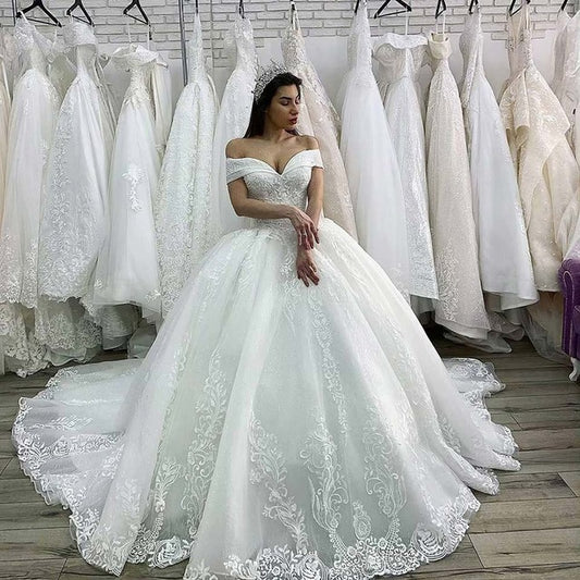 Luxury Wedding Dress Princess Swanskirt Appliques Beaded Lace up Ball Gown Chapel Train Bridal Gown Vestido de Noiva - LiveTrendsX