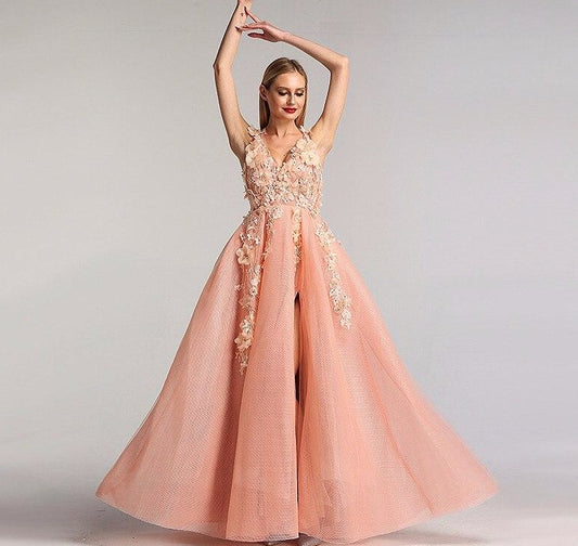 Peach Deep-V Beach Sexy Evening Dresses Diamonds Handmade Flowers Tulle Formal Dress 2020 - LiveTrendsX