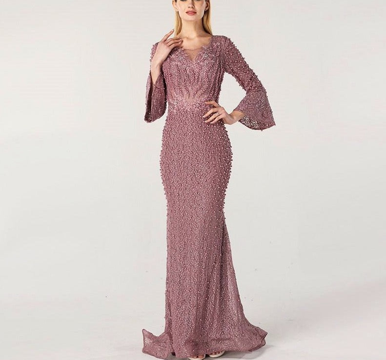 Muslim Pink Luxury Long Sleeves Evening Dresses Pearls Crystal Lace Formal Gowns 2020 Dubai - LiveTrendsX