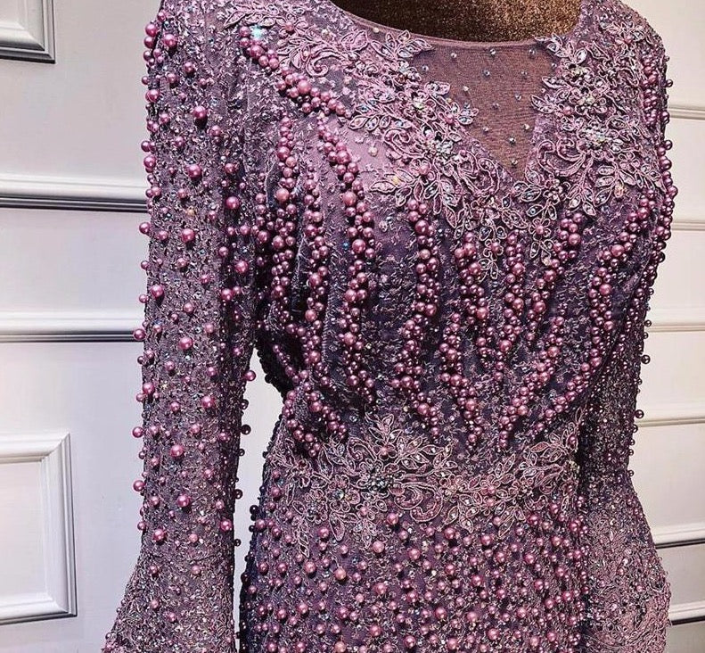 Muslim Pink Luxury Long Sleeves Evening Dresses Pearls Crystal Lace Formal Gowns 2020 Dubai - LiveTrendsX