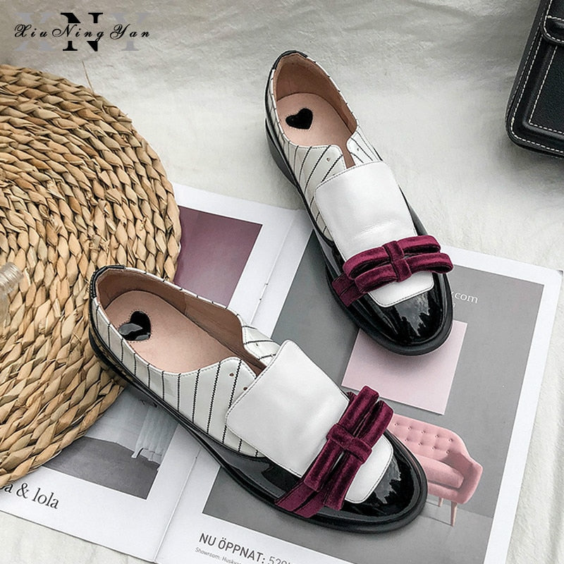 High Quality Women Oxford Flats Mixed Colors Casual Shoes Woman Genuine Leather Bow-knot Slip-on Round Creeper Brogue Loafers - LiveTrendsX