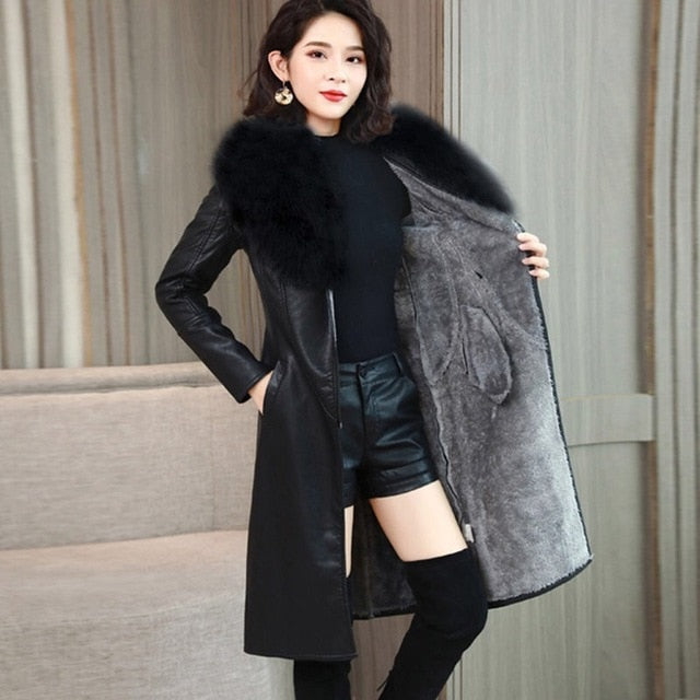 Women's Leather Jacket for Winter 2019 New Plus Velvet Warm Slim Big Fur Collar Long Leather Coat Female Outerwear M-4XL - LiveTrendsX