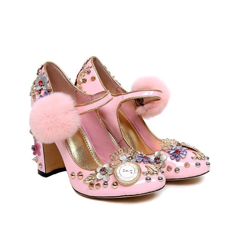 pink mary janes crystal flower women pumps with fur genuine leather ladies party shoes clock super high heels - LiveTrendsX