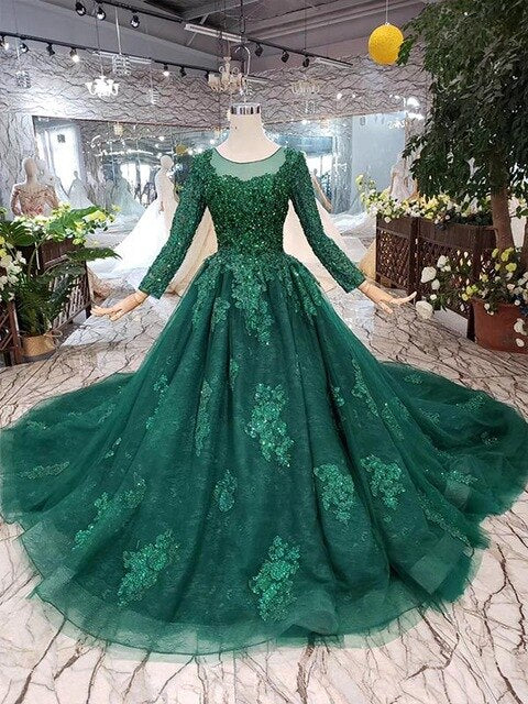 evening dresses with train custom size o-neck long sleeves A-line mother of bride dress - LiveTrendsX