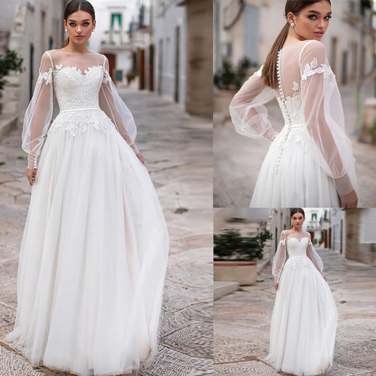 Beach Wedding Dresses  Lace Appliques Puff Long Sleeves Bridal Wedding Gowns Backless Floor Length Vestido De Noiva - LiveTrendsX