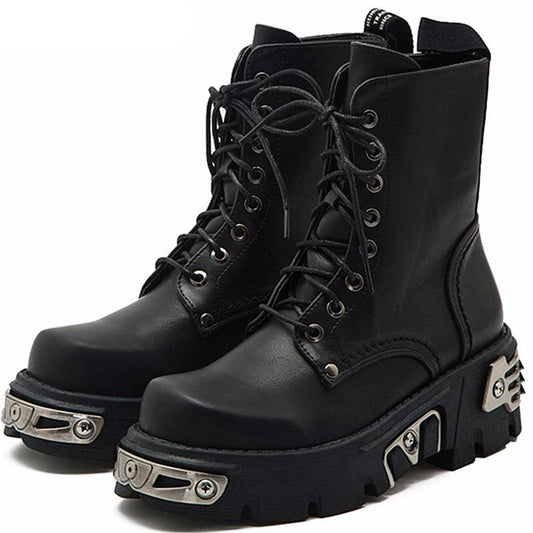 6CM Punk Style Platform Women Ankle Boots  Women's Motorcycle Boot Fashion Ladies Chunky Shoes Metal Decor Black - LiveTrendsX