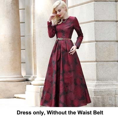 Women's Long Sleeve Long Maxi Autumn winter Dress Elegant Burgundy Floral Jacquard lady Fall Dress Boho Vintage Fashion Plus size - LiveTrendsX