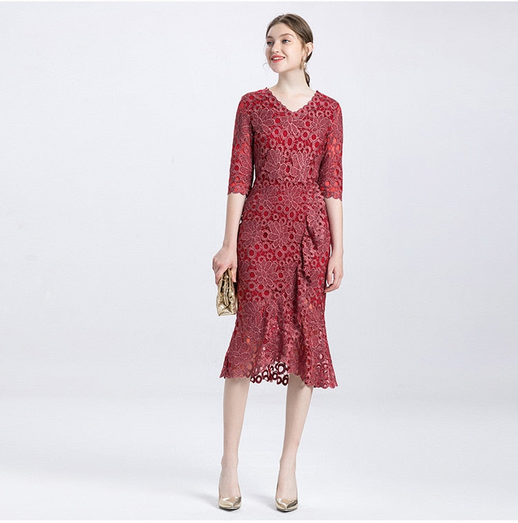 Europe and the United States high-end large size mother with big temperament slim hip tail sleeve flower dress - LiveTrendsX