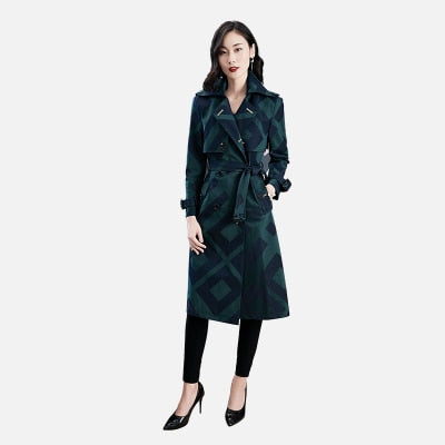 Women's Quality Trench Overcoat Spring Autumn Long  Plaid Pattern Belt Button Waist Slim Coat Female Polyester Red Lapel Trench - LiveTrendsX