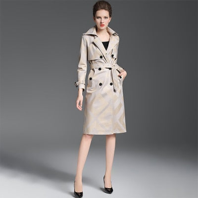 Women's Quality Trench Overcoat Spring Autumn Long  Plaid Pattern Belt Button Waist Slim Coat Female Polyester Red Lapel Trench - LiveTrendsX