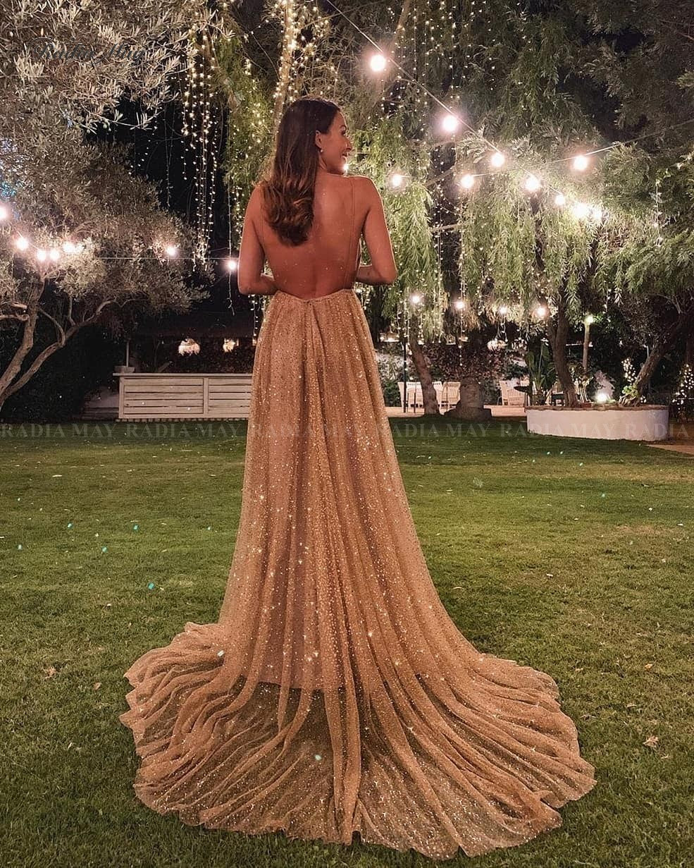 Glitter Sequin Rose Gold Long Prom Dresses 2020 Sexy Spaghetti Straps Backless Arabic Evening Gowns Women Formal Party Dress - LiveTrendsX