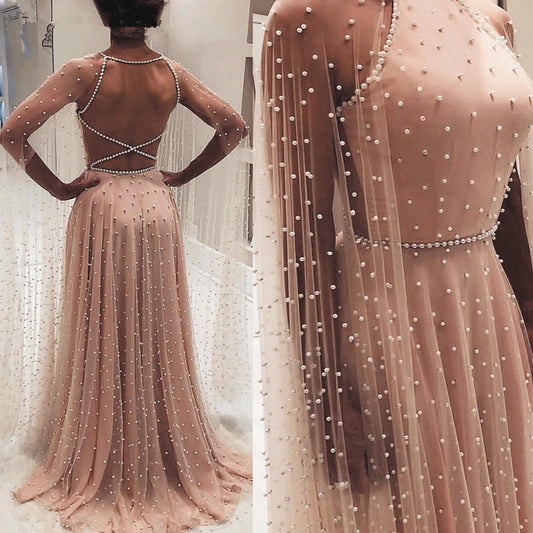 SuperKimJo Peals Prom Dresses  Dusty Pink A Line Elegant Backless Long Prom Gown Vestido De Festa - LiveTrendsX