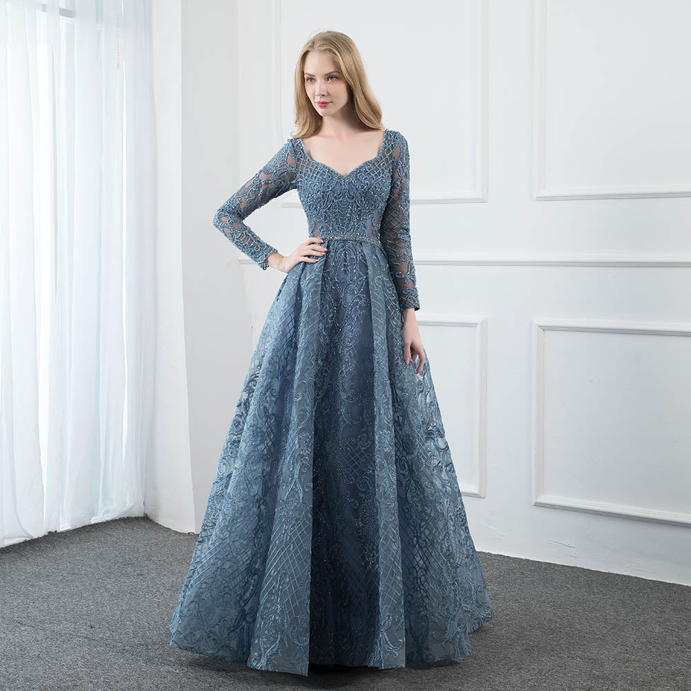 Dusty Blue Lace Embroidered Evening Dress Long Sleeve Formal Ball Gown Evening V Neck Crystal Beaded Dubai Dresses - LiveTrendsX