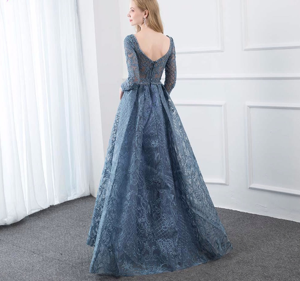 Dusty Blue Lace Embroidered Evening Dress Long Sleeve Formal Ball Gown Evening V Neck Crystal Beaded Dubai Dresses - LiveTrendsX