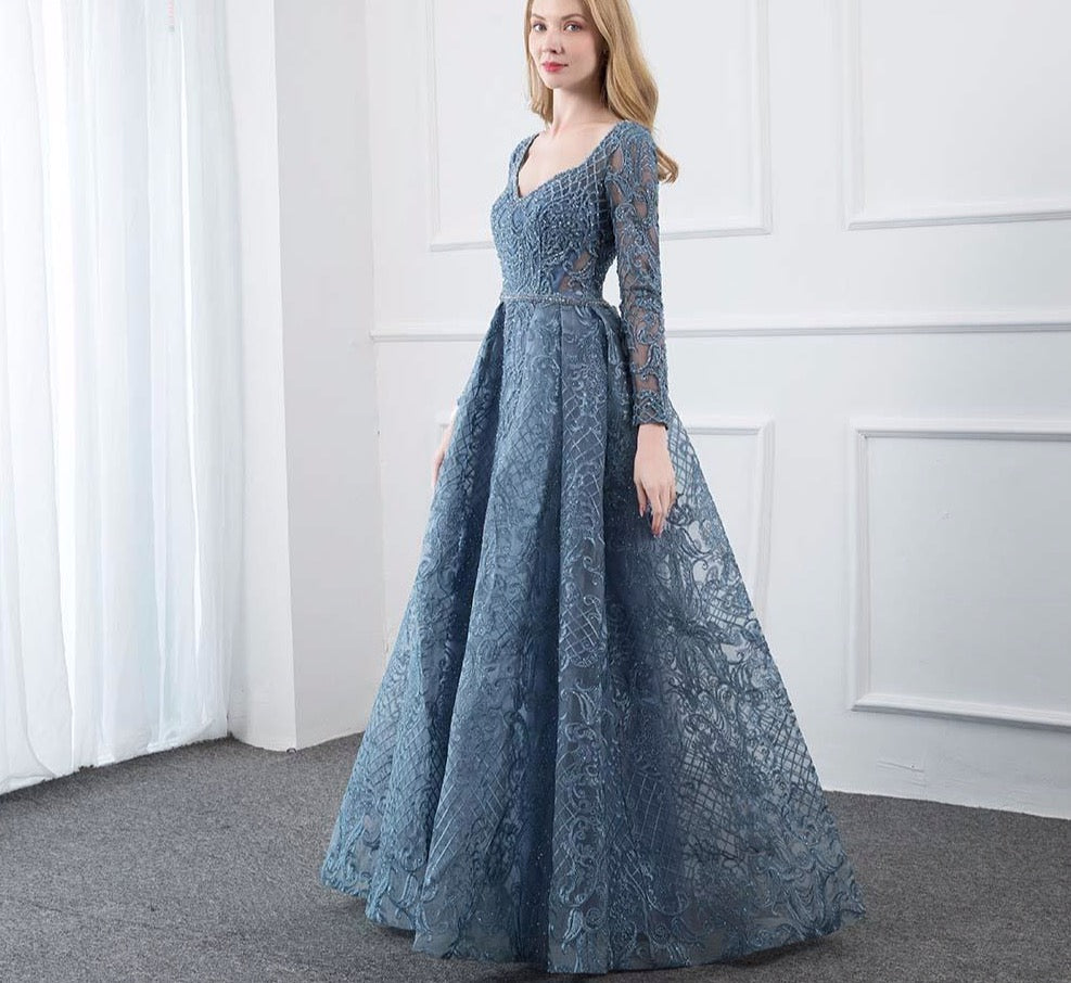 Dusty Blue Lace Embroidered Evening Dress Long Sleeve Formal Ball Gown Evening V Neck Crystal Beaded Dubai Dresses - LiveTrendsX