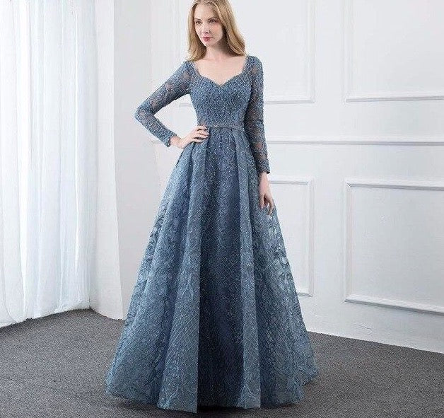 Dusty Blue Lace Embroidered Evening Dress Long Sleeve Formal Ball Gown Evening V Neck Crystal Beaded Dubai Dresses - LiveTrendsX