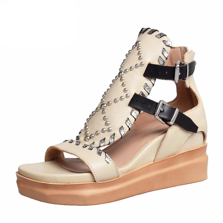 summer sandals women real leather wedge shoesfemme rivet mixed color platform flat sandal women causal shoes - LiveTrendsX