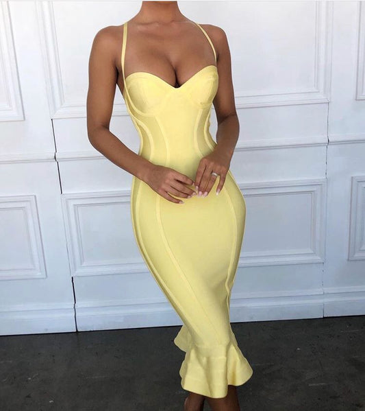 High Quality Pink Yellow Knee Length Rayon Bandage Dress Evening Party Elegant Dress - LiveTrendsX